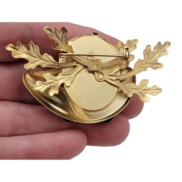 Gold Tone Red Orange Enamel Cornucopia Autumn Pumpkin Leaf Pin Brooch K121 - Picture 5 of 9